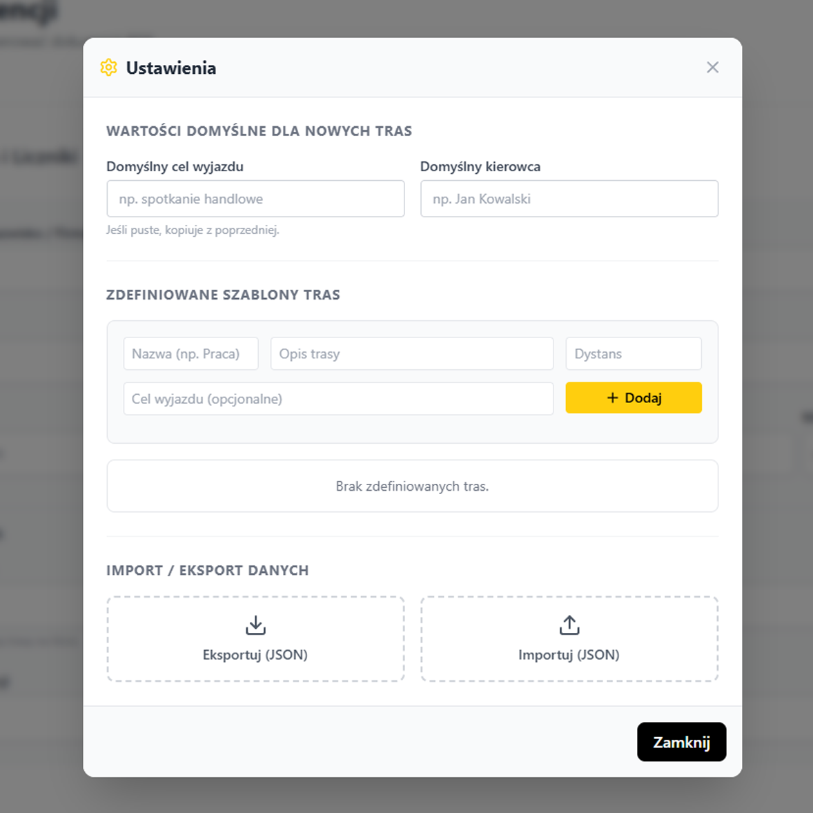 Interfejs ustawień z polami formularza dla domyślnych tras